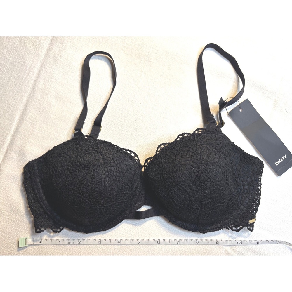 DKNY Lace Push-Up Bra Womens 32D Black NEW Padded Underwire Floral Balconette
